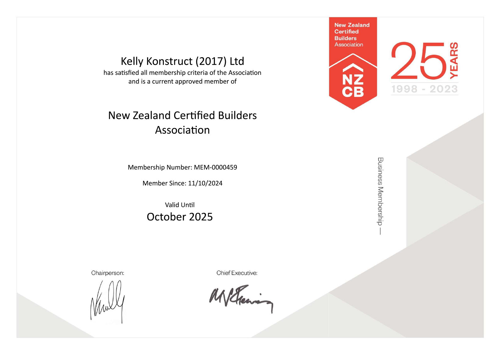 Kelly Konstruct New Zealand Certified Builders Association Members Certificate