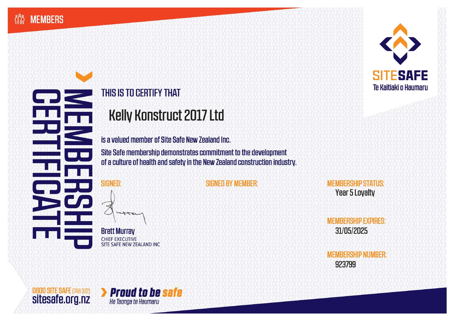 Kelly Konstruct 2017 Ltd SiteSafe Membership Certificate